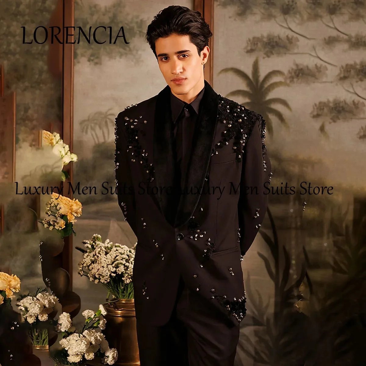 Luxury Embroidered Men Suits Beaded Crystals Groom Groom Tuxedos Customized Male Prom Blazers 2 Pieces Sets Costume Homme