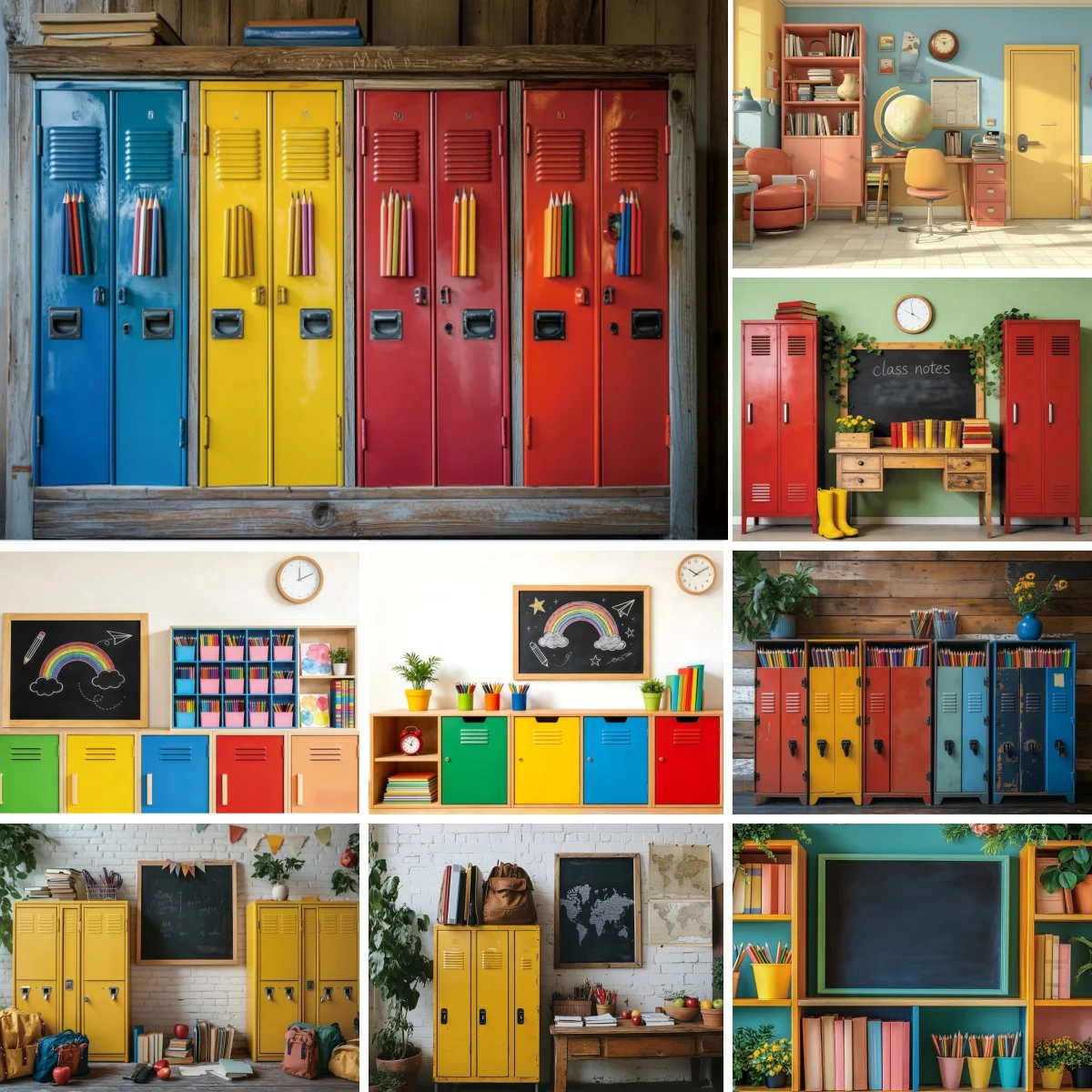 Colourful Storage Cabinet Backdrop Blackboard Locker Children's Study Room Classroom Decor Students Portrait Photo Background