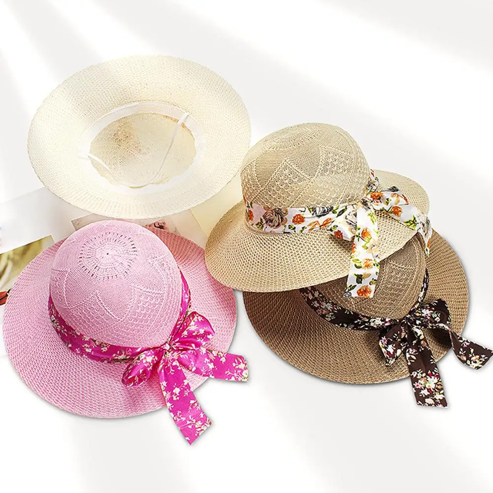 Ladies' sun hat  Sun Hat Beach Ladies Fashion  Elegant Floral Bowknot Ribbon Sun Hats Vintage Straw Hats Hat Wide Brims Hats