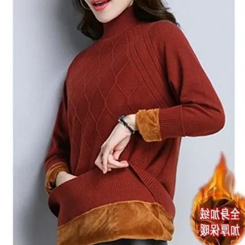 Women's Semi High Neck Medium Long Loose Oversized Warm Knit Base Sweater with Added Velvet and Thick Thickness