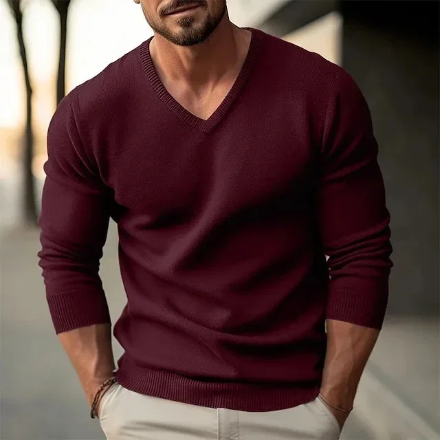 

Men's V-Neck Knitwear Slim Fit Long Sleeve Solid Color Sweater Fashionable Base Layer Shirt Autumn Winter Casual Wear