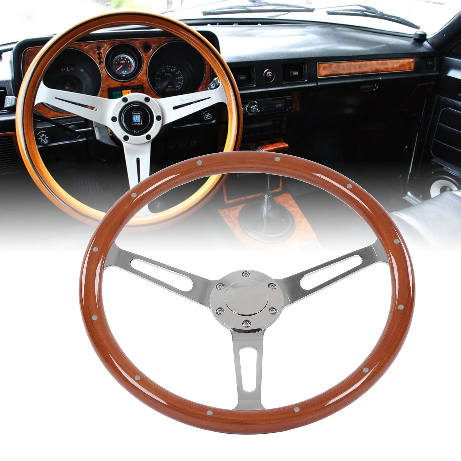 

380mm/15in Classic Car Steering Wheel Assembly Walnut Grip 3 Spoke Riveted 6 Hole Steering Wheel Car Modification