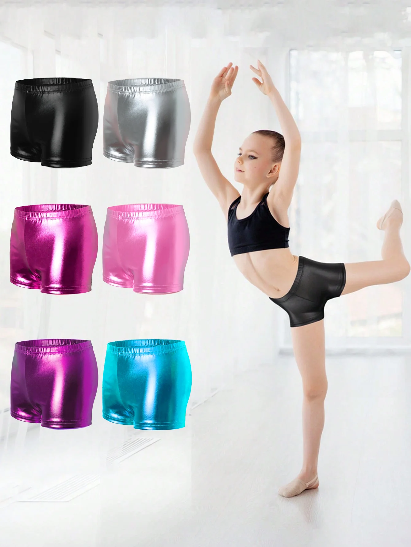 1 Par de Shorts de Treinamento de Ballet para Meninas com Brilho, Calças Curtas de Yoga de Cintura Alta Elástica para Crianças de 2 a 12 Anos