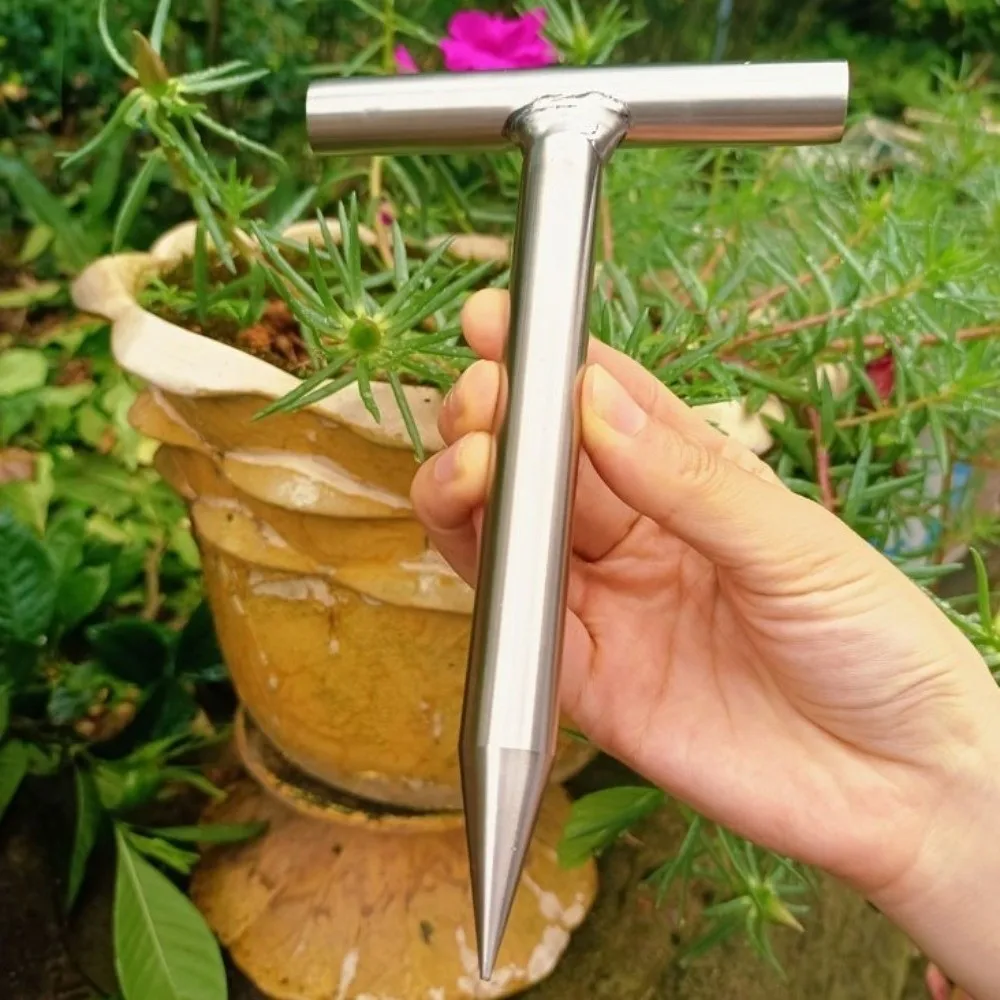 Stainless Steel Soil Puncher T-shaped Easily Cleaning Hand Dibble Comfortable Handle Bulb Planter Tool Transplanting
