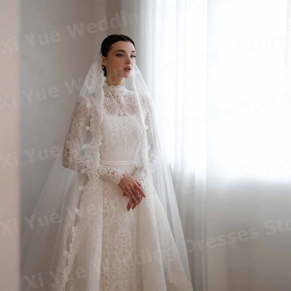 Exquisite A Line Women's Wedding Dresses High Neck Lace Appliques Vestido De Novia Bride Gowns Customized Long Sleeve Vestido