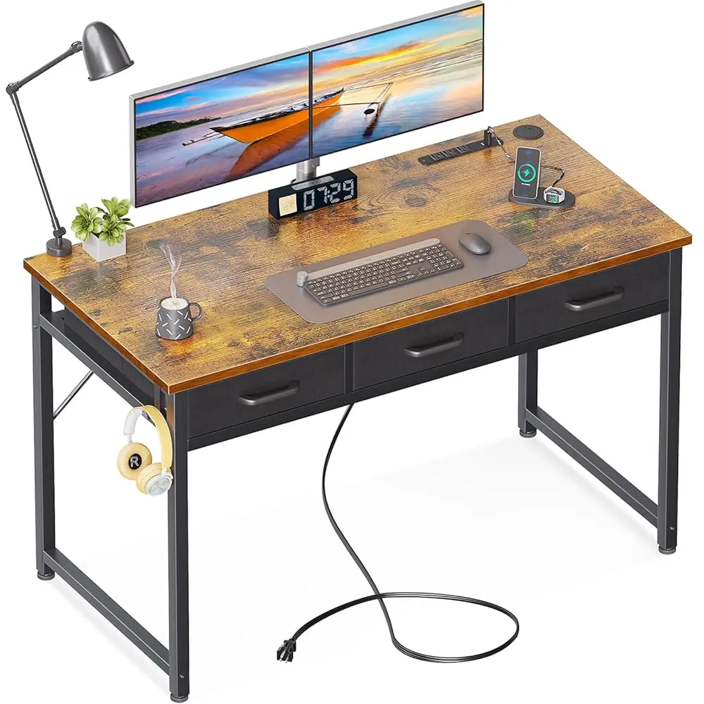 

48 H Computer Desk With 3 Fabric Drawers, Office Desk With Usb/Type-C Charging Ports & Power Outlets, Vanity Desk With Iron