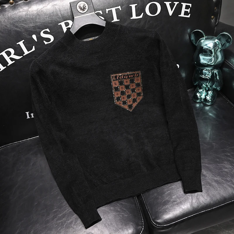 

Новинка 2023 года, мужской вязаный свитер свободного кроя с принтом и высоким воротником, качественная модная повседневная футболка из смеси шерсти, длинная све