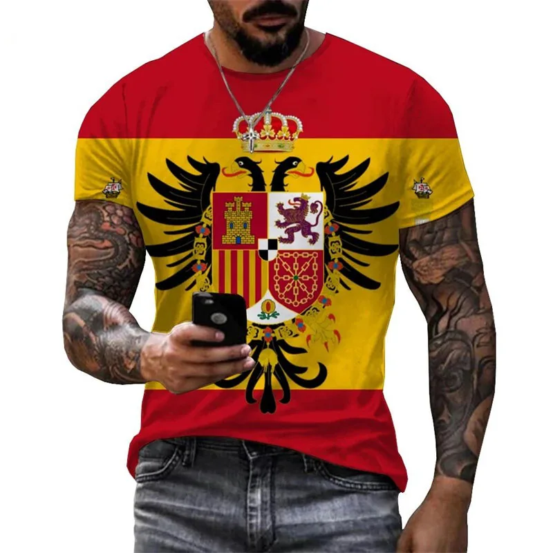 Men's Streetwear T-shirt 3D Printed Spanish Flag And National Emblem Pattern T Shirts Harajuku Trend Daily Casual Fashion Tee