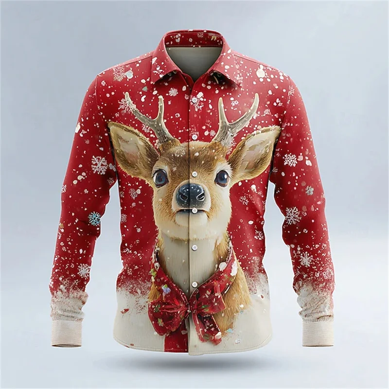

Men's Snowflake Christmas Animal Shirt Long Sleeve Fun Outdoor Holiday Spring Autumn Lapel 3D Printed Lapel Lining Red Blue