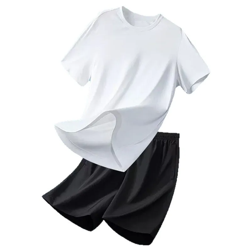 

Summer New Men's Fashion Casual Solid Color Cotton T-shirt Set Running Sports Large Short Sleeve Shorts Two Piece Set