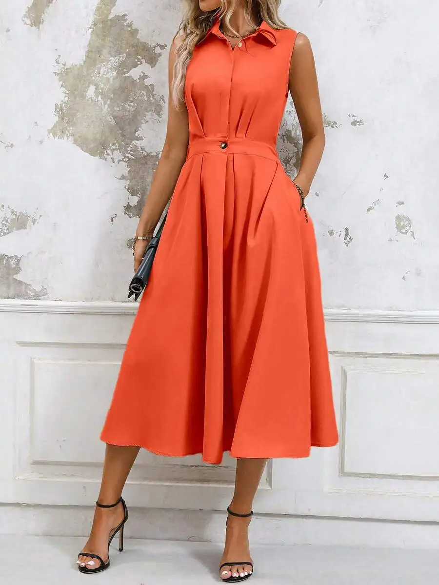 

Solid Color Minimalist Sleeveless Stand Collar A-Line Midi Dress For Women