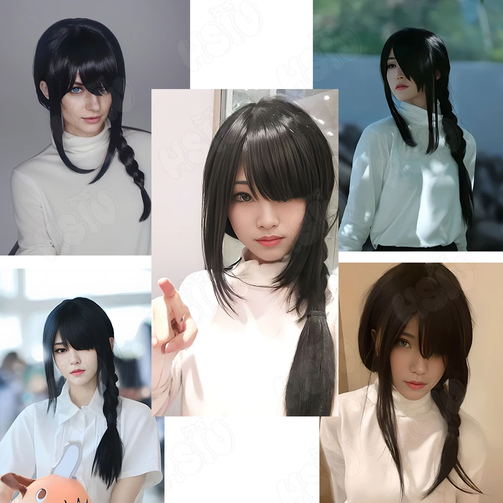 Nayuta Wig Cosplay HSIU 60CM rambut palsu sintetis tahan panas rambut panjang kepang hitam Wig + Wig cap Anime gergaji pria Wig cosplay