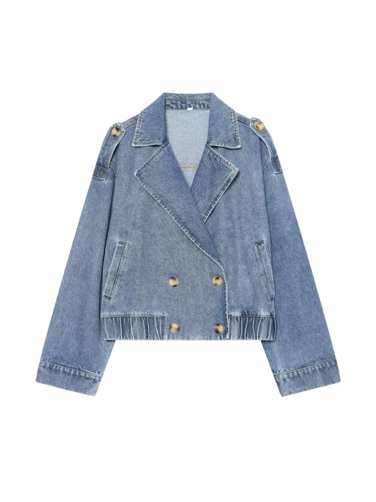 HH Women Summer Casual Denim Jacket Long Sleeve Lapel Collar Double Breasted For Beach Vacation Holiday Party Daily Wear
