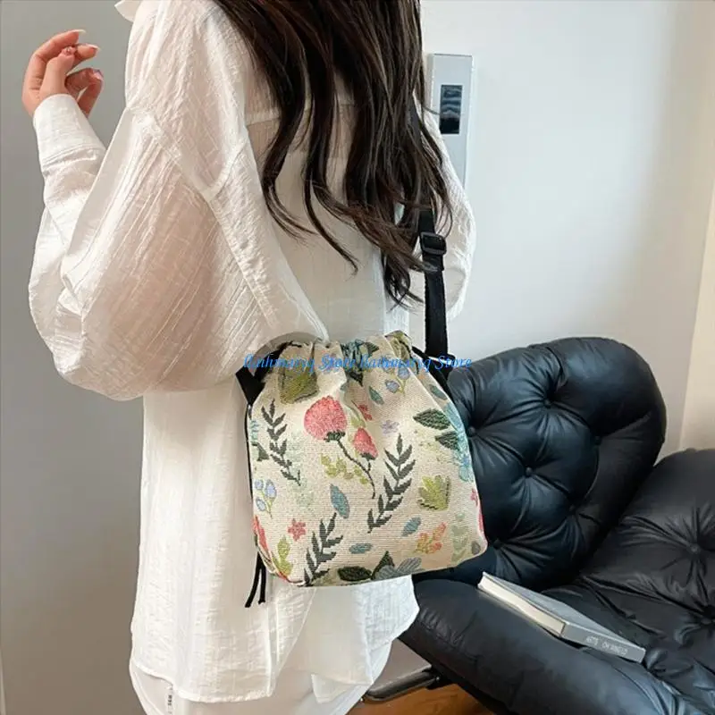 573B Oversized Canvas Shoulder Bag Retro Floral Print Lightweight Structure Spacious Interior Work Travel Essential Accessory