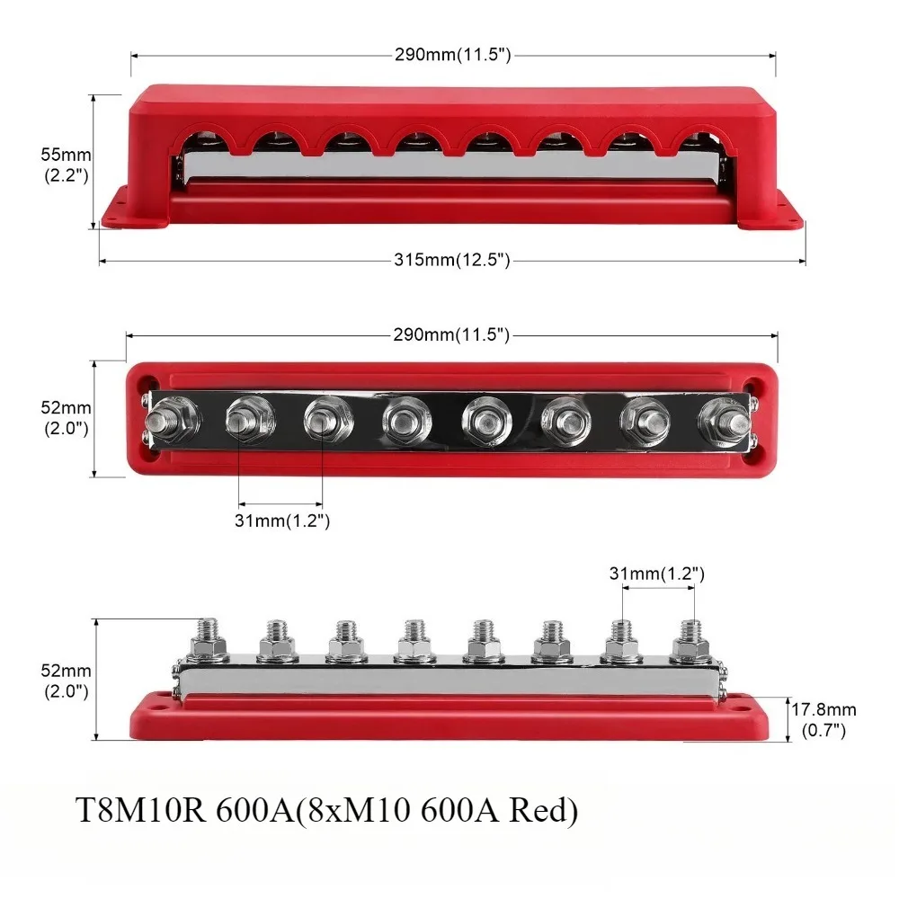 T8M10 Power Distribution Block with Cover 8xM10 Terminal Block 600A for Auto