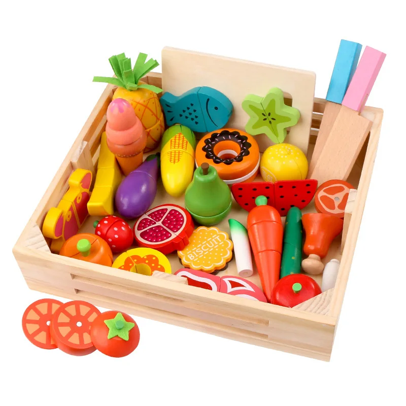 Kids Wooden Kitchen Toys Pretend Play Set Cutting Magnetic Fruit Vegetable Miniature Food Girls Educational Toys Gifts 
