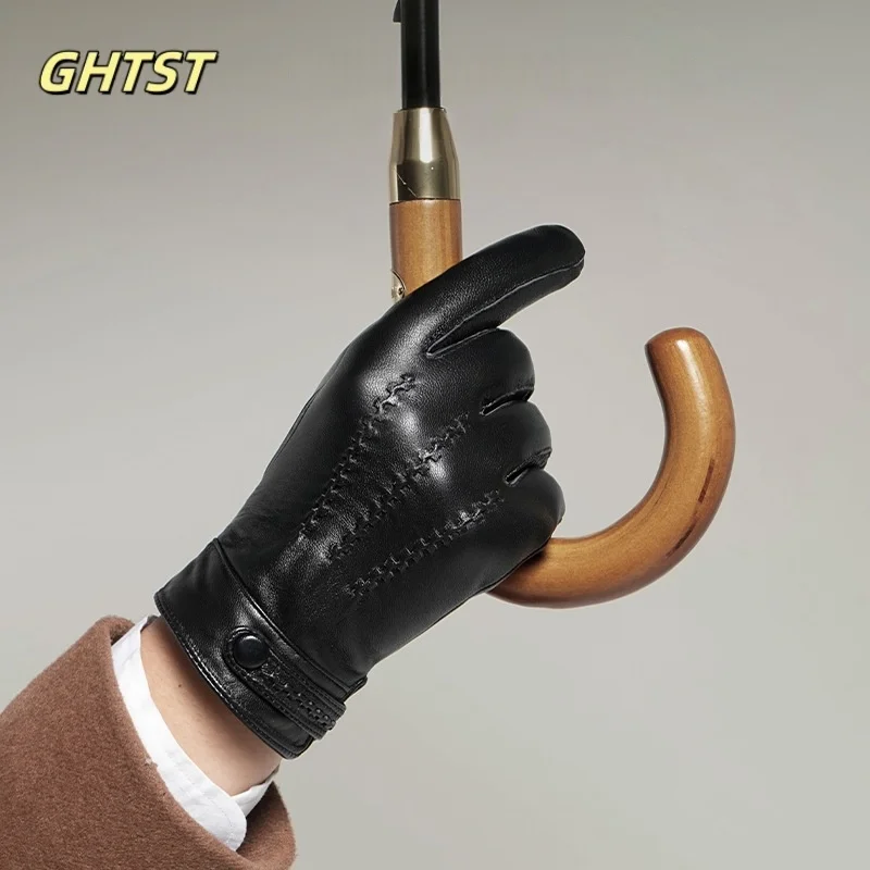 2025 New Men Winter Genuine Leather Gloves Simple Balck Brown Full-finger Mittens Windproof Gloves For Driving Riding