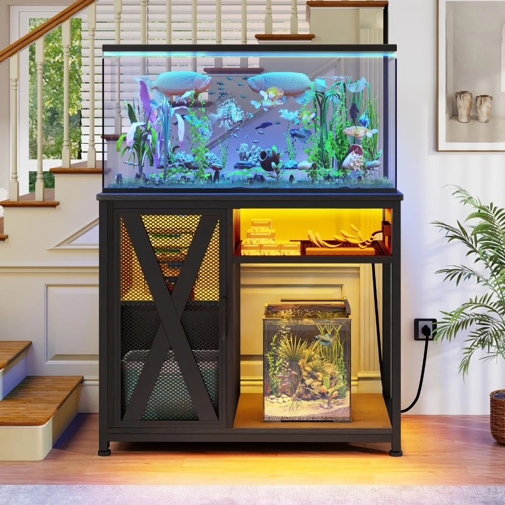

3-Tier Fish Tank Stand LED Light Aquarium Stand for 50 Gallon Tank With Storage