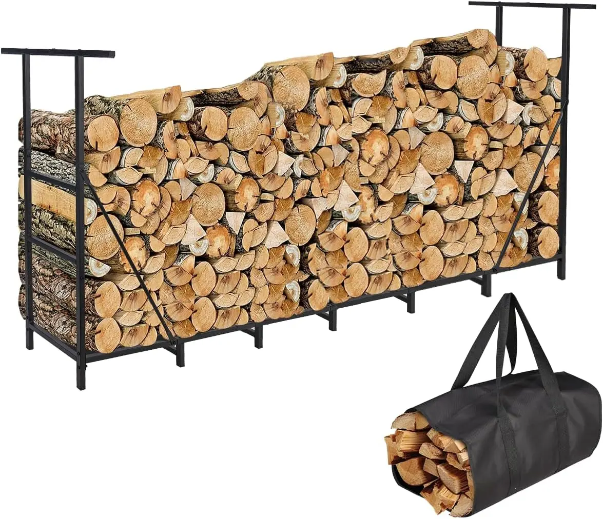 

8FT Firewood Rack with Waterproof Carrier Bag, Adjustable Heavy Duty Steel Log Holder for Fireplace, Fire Pit, Backyard Camping