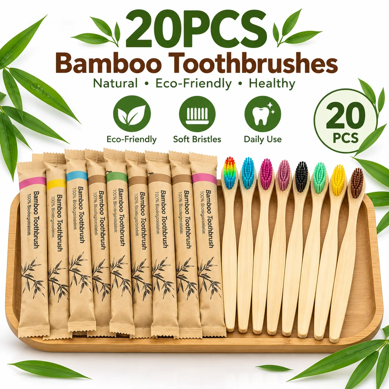 20 Pack Bamboo Toothbrushes, Individually Wrapped Toothbrush Set with Soft Bristles, Lightweight Wooden Handle Manual Toothbrushes for Adults, Family, Home, Travel, Guest Bathroom & Daily Oral Cleaning