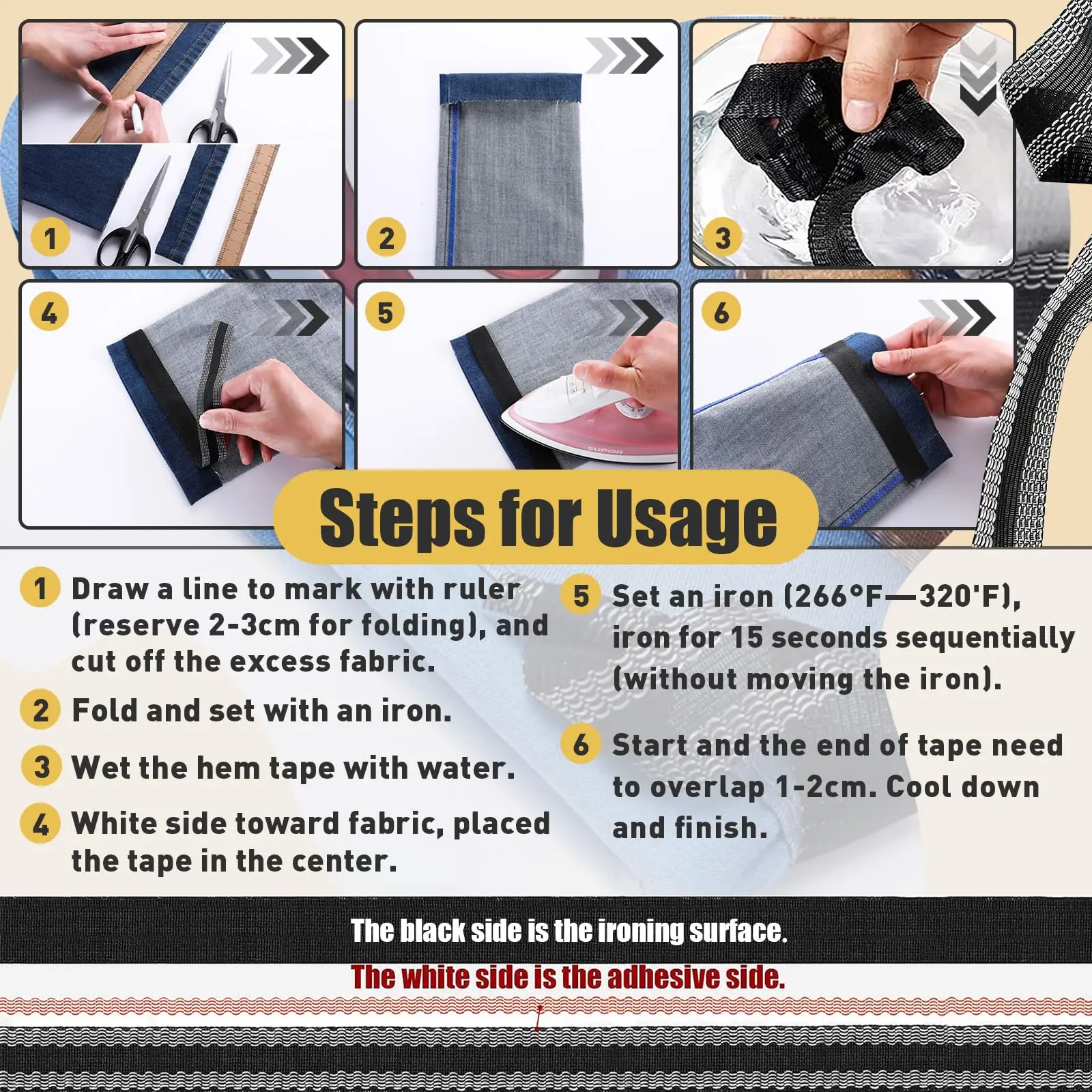 パンツ用テープ、16.4フィートのズボンエッジ修正ストリップ、ジーンズスーツパンツズボン口用アイロン接着インスタントヘムテープ
