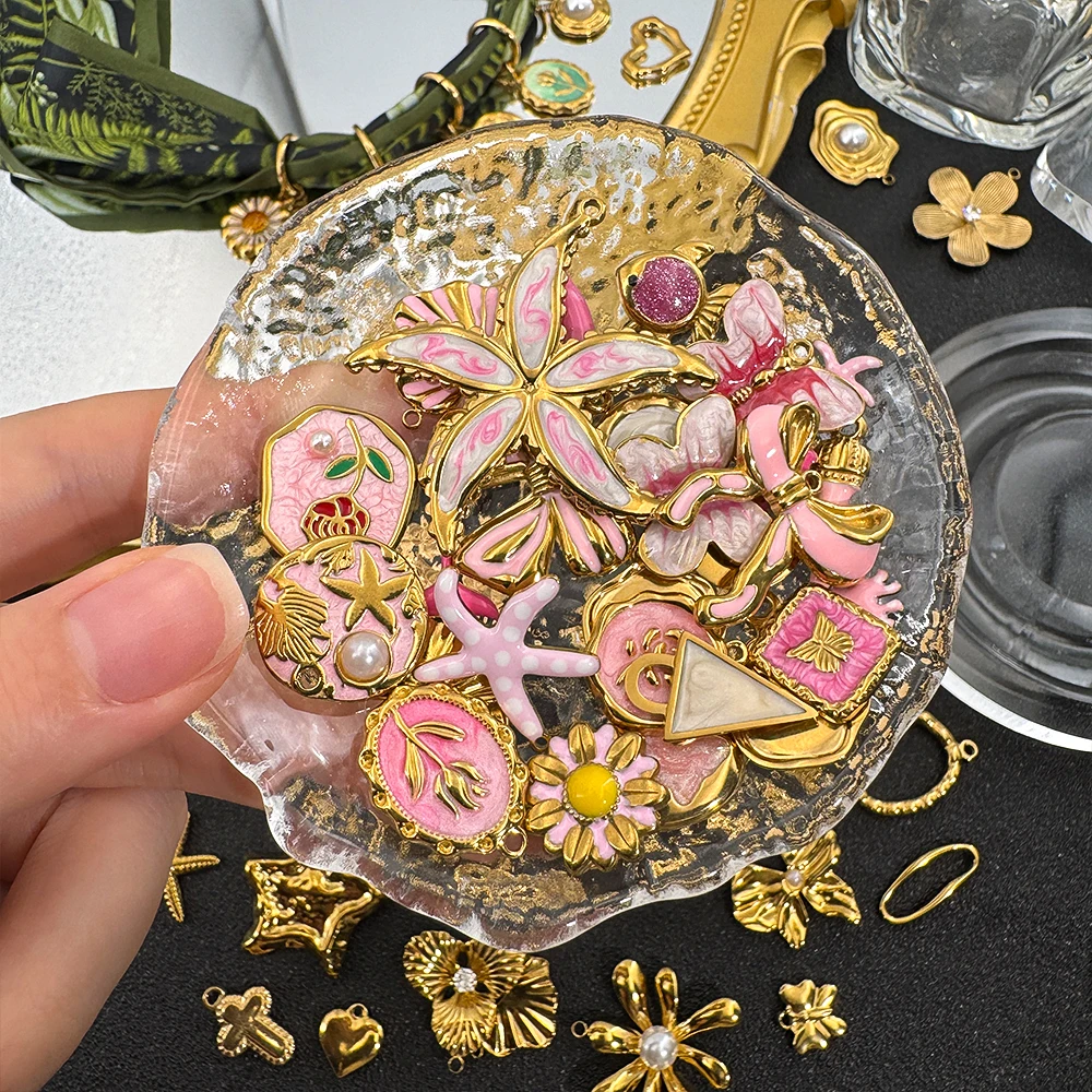 2pcs Gentle Pink Enamel Stainless Steel Charms Rose Flower Starfish Butterfly Necklace Pendant Women DIY Earring Jewelry Making