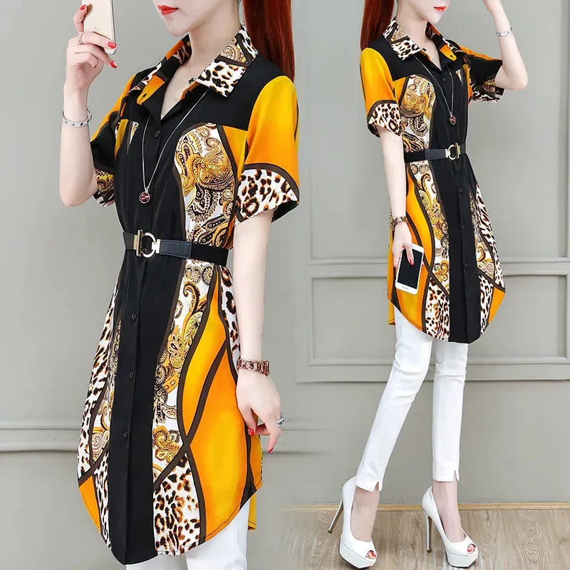 2024 Long Dress Women New Spring Summer Shirt Tops Fashion Printing Dresses Coat Single-Breasted Belt Loose Vestidos Female