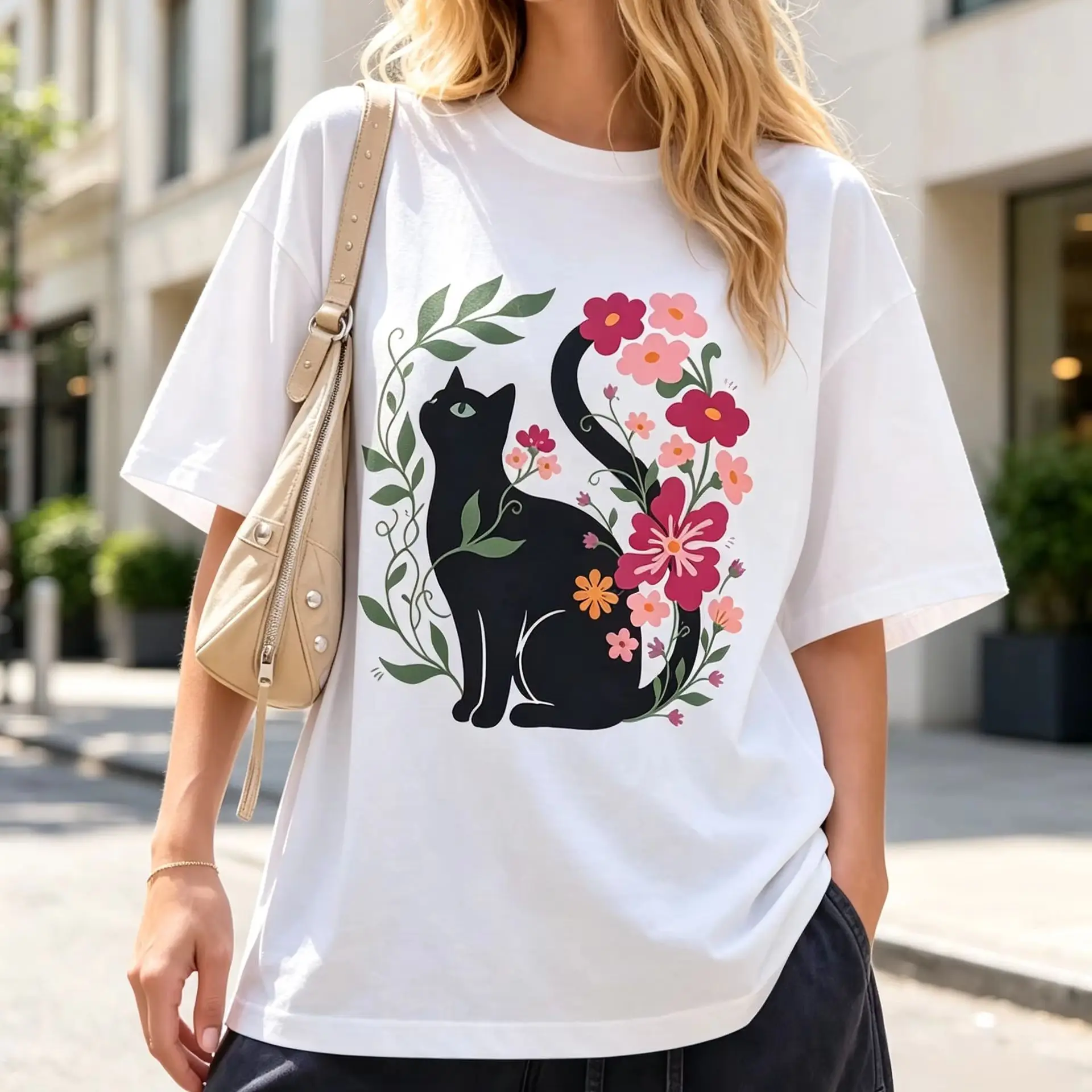 Women Floral Black Cat Graphic T Shirt Cute Botanical Kitty Print Short Sleeve Aesthetic Casual Daily Tees