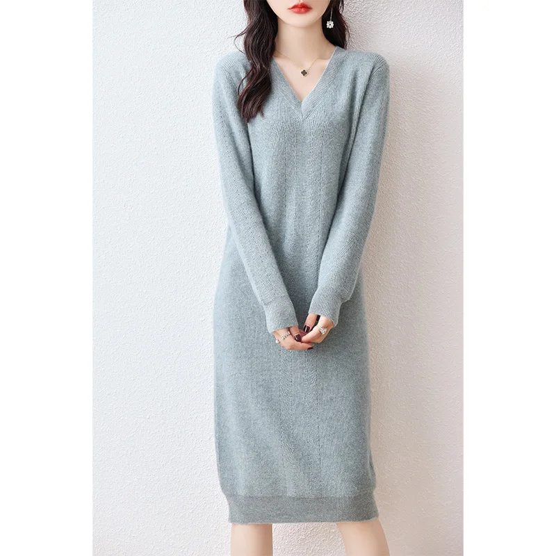 100% pure wool vestido feminino Hot Sale 2023 Winter New Fashion Cashmere Thick Dresses Female V-neck  Wool Clothing DR01