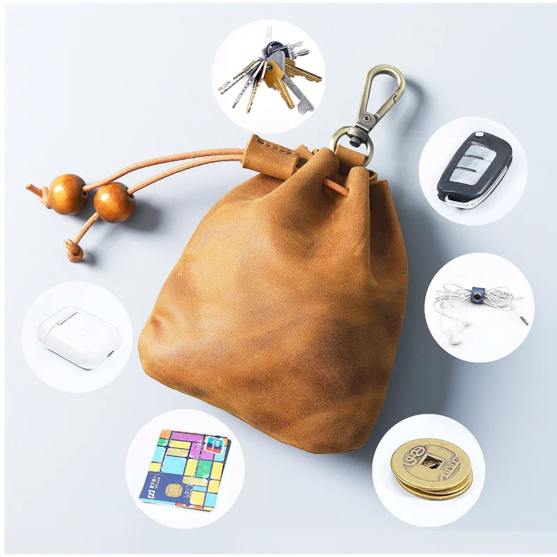 Genuine Leather Coin Purse Men Women Coin Wallet Crazy Horse Leather Vintage Money Pocket Drawstring Storage Bag Card Holder