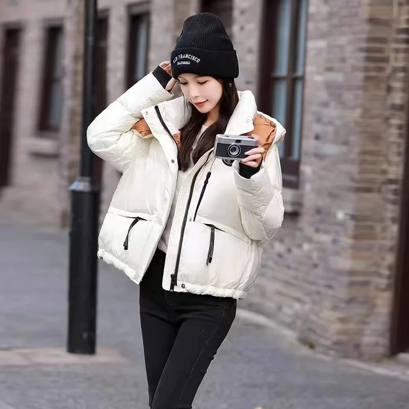 2024 Color Collision Down Cotton Ladies Jacket Autumn Winter Fashion Short Bread Female Coat Korean Hooded Puffer Women Outwear