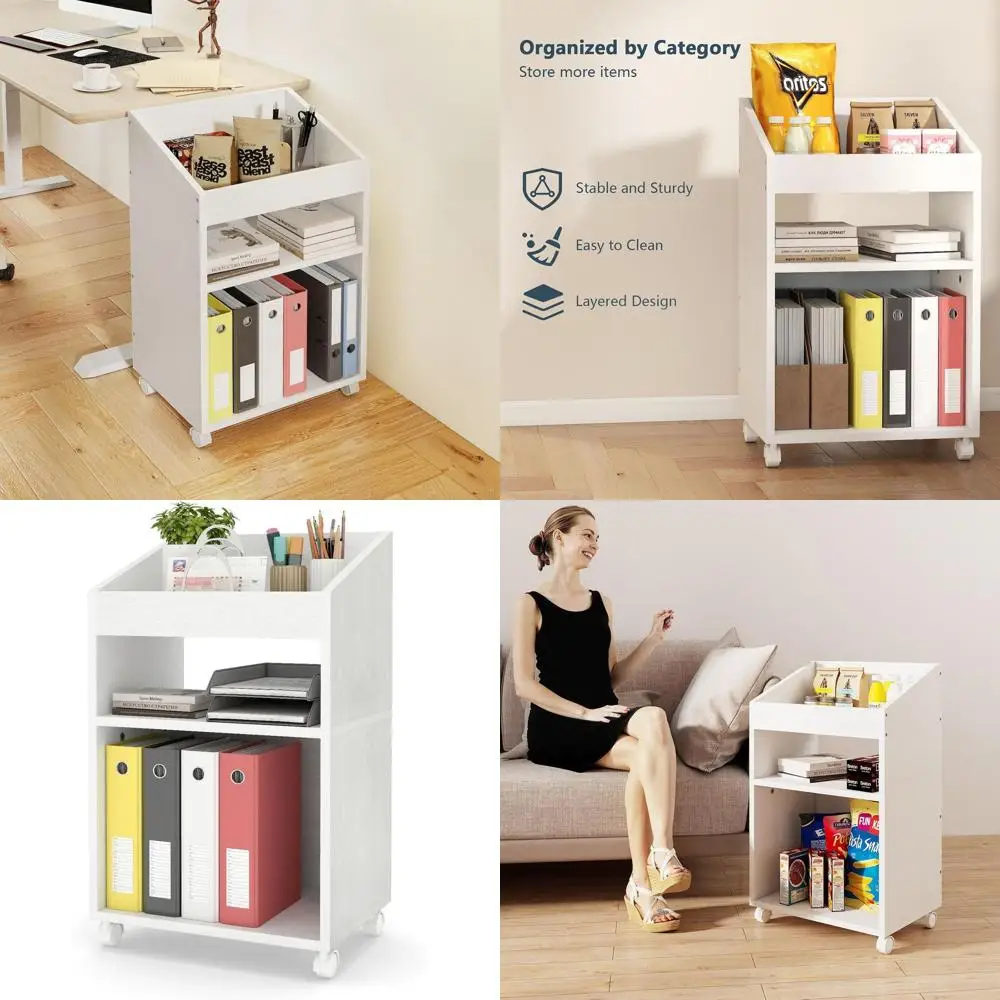 

3-х уровневый мобильный шкаф для документов, белый органайзер для хранения под столом на колесах для домашнего офиса (белый)