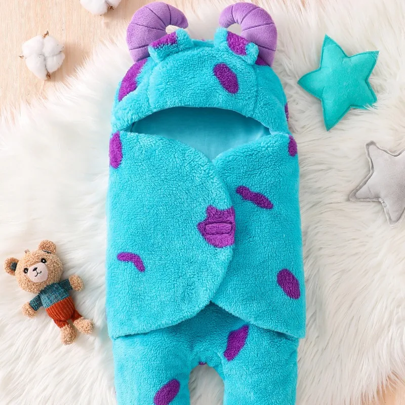 Newborn Blue Monster Romper Fleece Hooded Footed Jumpsuit with Purple Horns and Spots Cute Warm Winter Outfit for Infant 0 24M