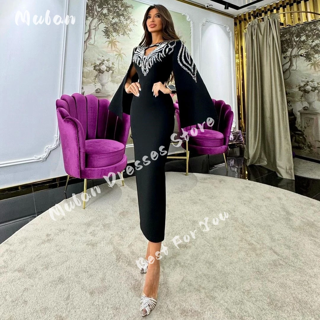 

Black V-neck Cape Sleeves Prom Dresses Sequins Shiny Sheath Party Elegant Women Wear Formal Occasion Dress Evening Gown