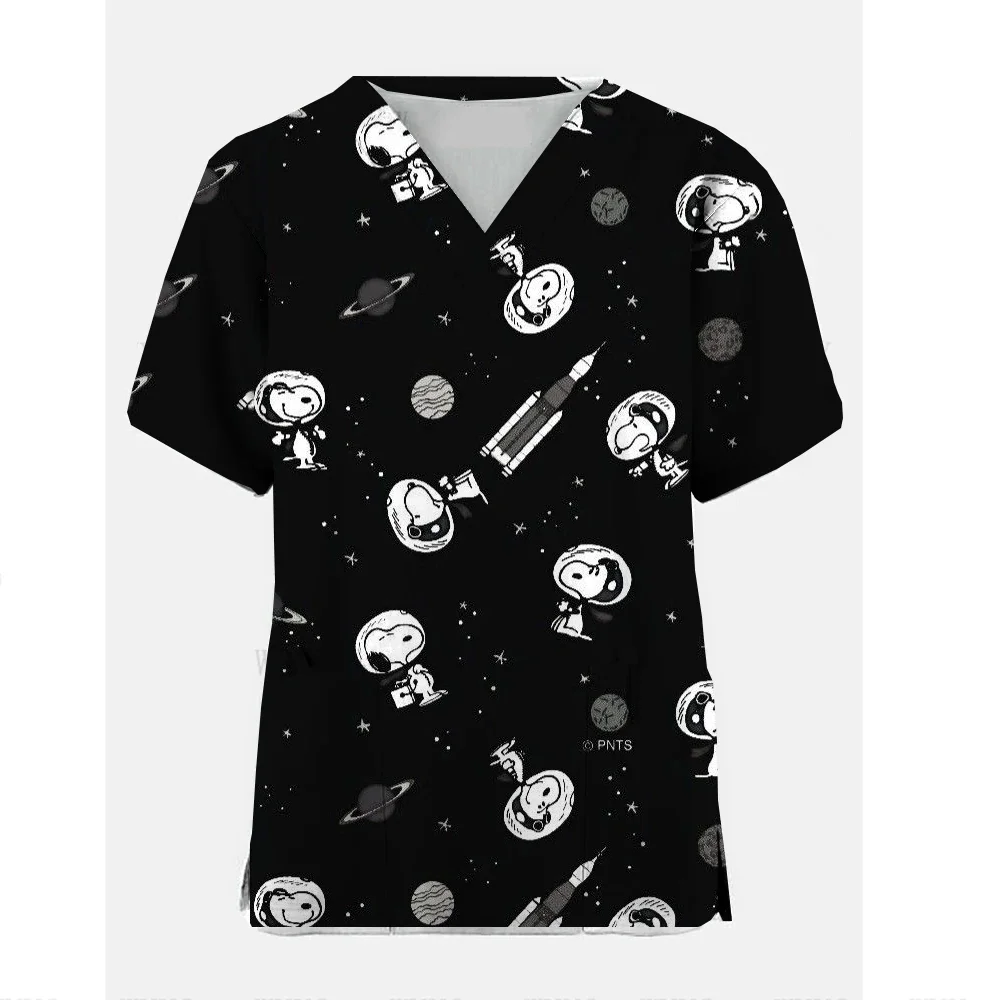 Women Working Uniform Dog Snoopy Print Cartoon Dog Short Sleeve V-neck Tops Femme Blouse Nurse work wear Medical Uniforms