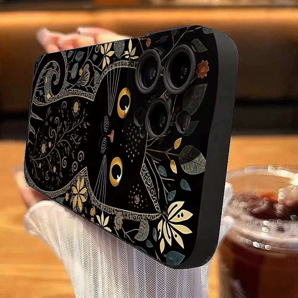 ريترو ستايل أسود القط الفن قضية الهاتف لسامسونج غالاكسي S25 الترا S24 S23 S22 S21 زائد S20 FE A55 A54 A35 سيليكون لينة غطاء #6