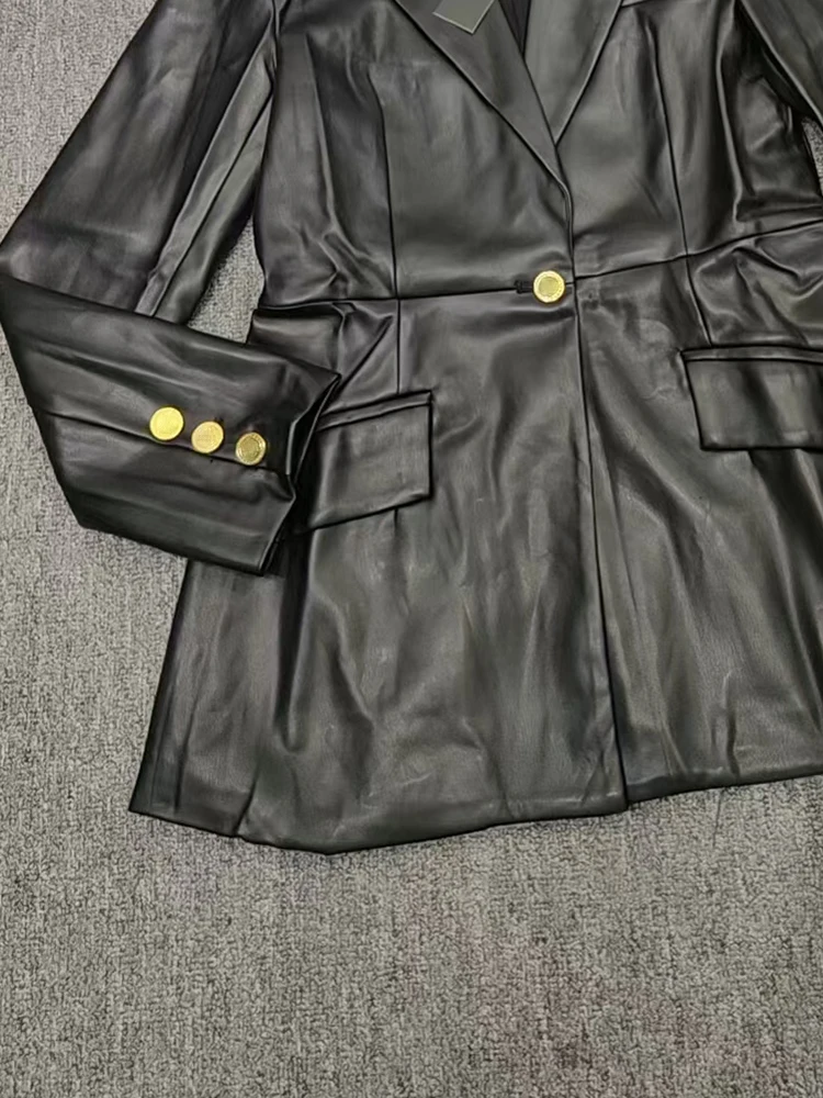 Cappotto in pelle pu con un bottone con risvolto in tinta unita Vintage 2024 giacca da donna all-in-one di nuova moda autunno