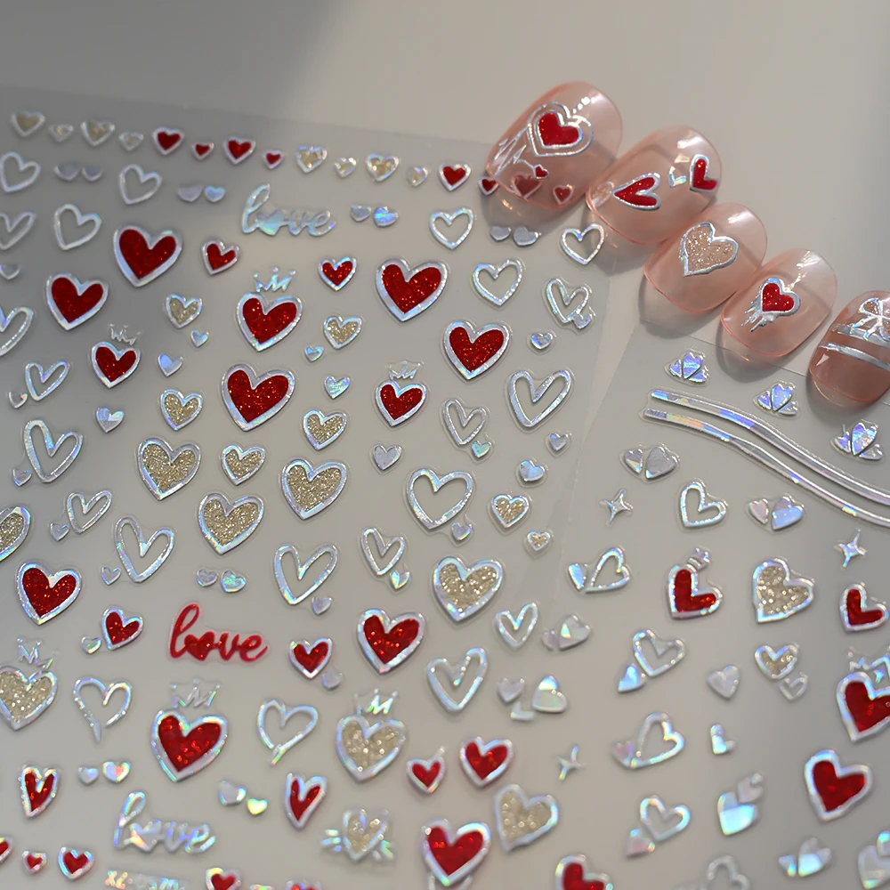 6/8 Stuks Laser Zilver Liefde Hart Nail Sticker 3D Zon Maan Sterrenlicht Lijm Decals Valentijnsdag sliders Manicure Decoratie