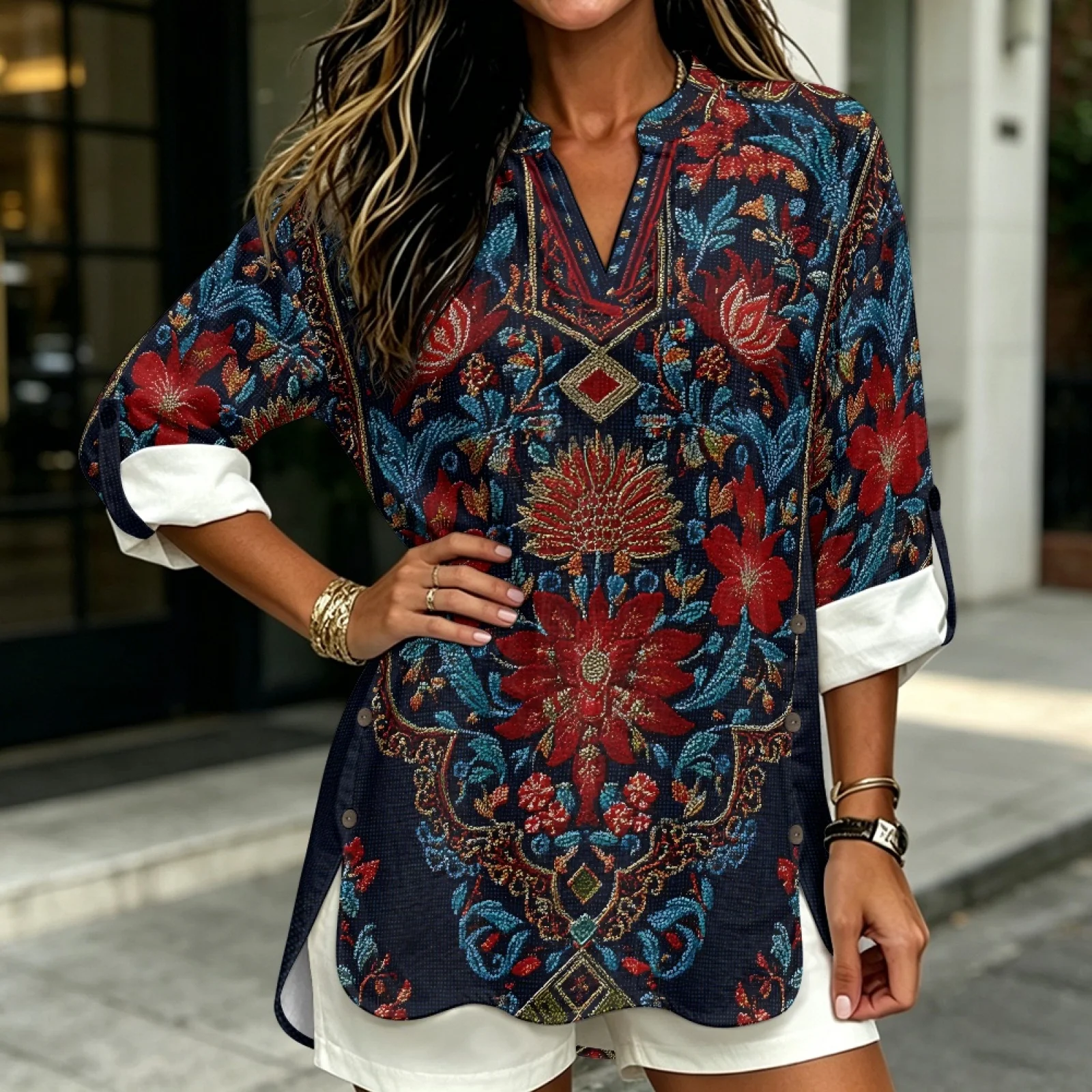 PENSTROLL Vintage Red Floral Print Linen Like Ladies Tops Blouses Flowy Casual Long Sleeve V Neck Tops for Beach Sizes S-5XL