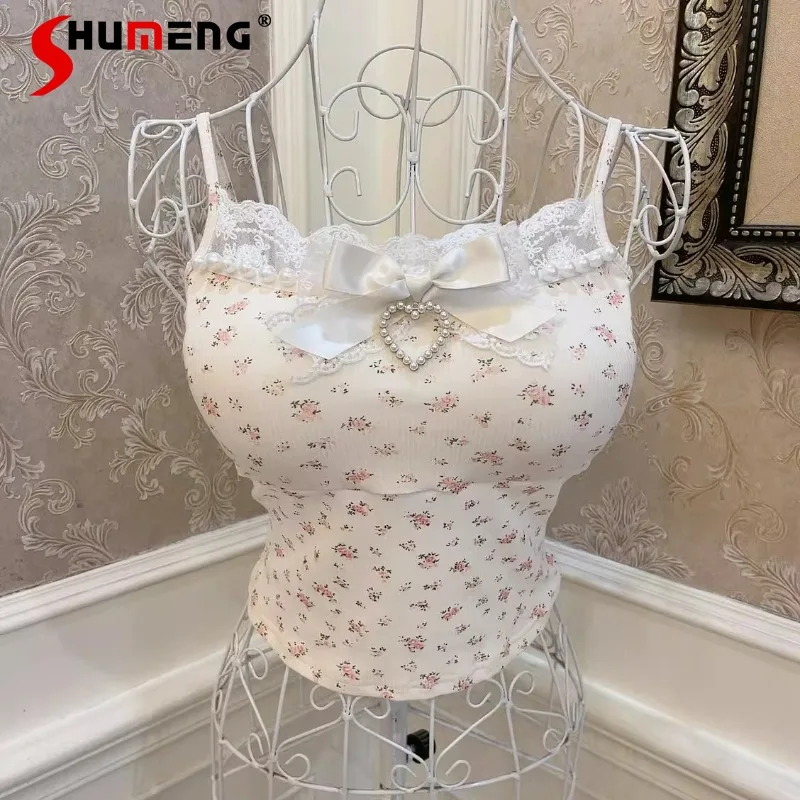 

Летний укороченный топ First Love Sweet Girl с маленькой цветочной жемчужной кружевной отделкой, облегающий укороченный топ с нагрудником, камзол в японском стиле Лолиты, стропы