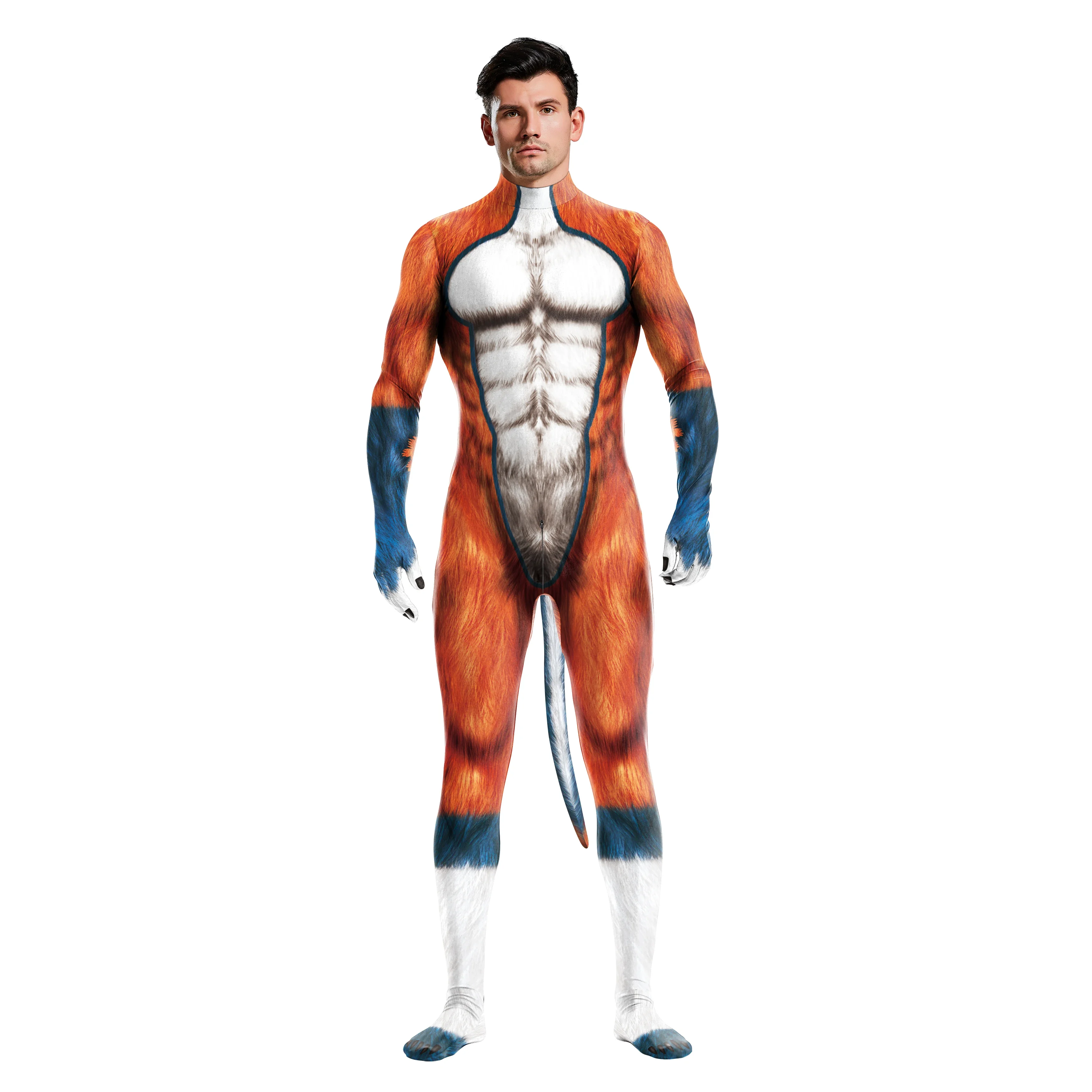 Zawaland Men 3D Crocodile Texture Printed Animal Cosplay Costume Bodysuit with Tail Crotch Zipper Jumpsuits Catsuit Zentai Suits image 2