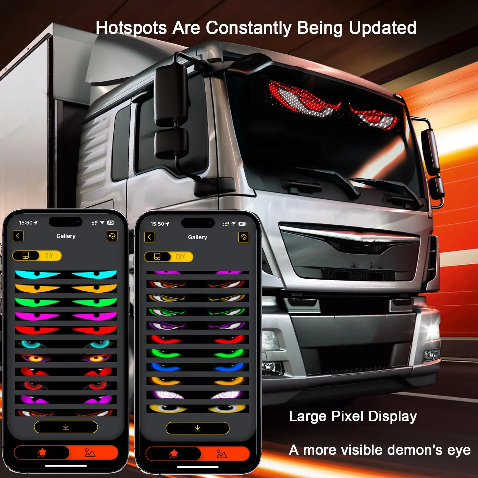 علامة ضوء عيون الشيطان للسيارات شبه شاحنة الزجاج الأمامي LED العين مع التحكم في التطبيق وعرض لافتة LED قابلة للبرمجة عن بعد