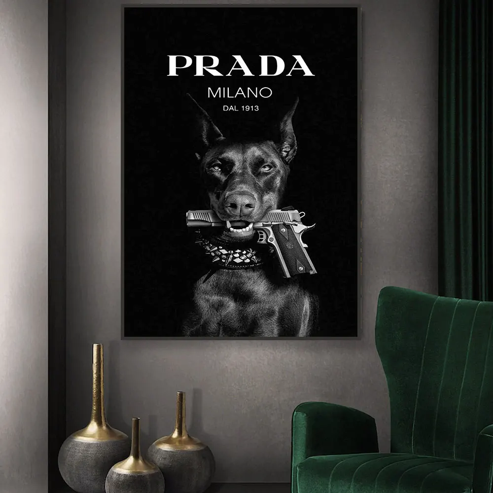 Fashion Black Doberman Dog With A Pistol Poster Canvas Painting Luxury Animal Wall Art Picture For Living Room Home Decor