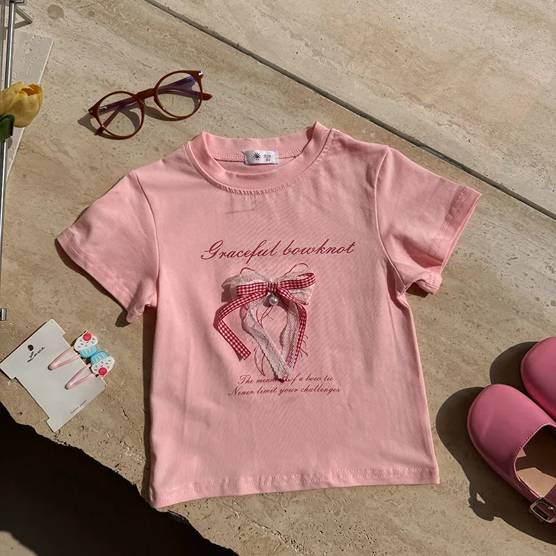 

2026 New Korean Style Bow Short Sleeve T-shirt for Girls, Summer Elegant Princess Style Cotton Top for Children