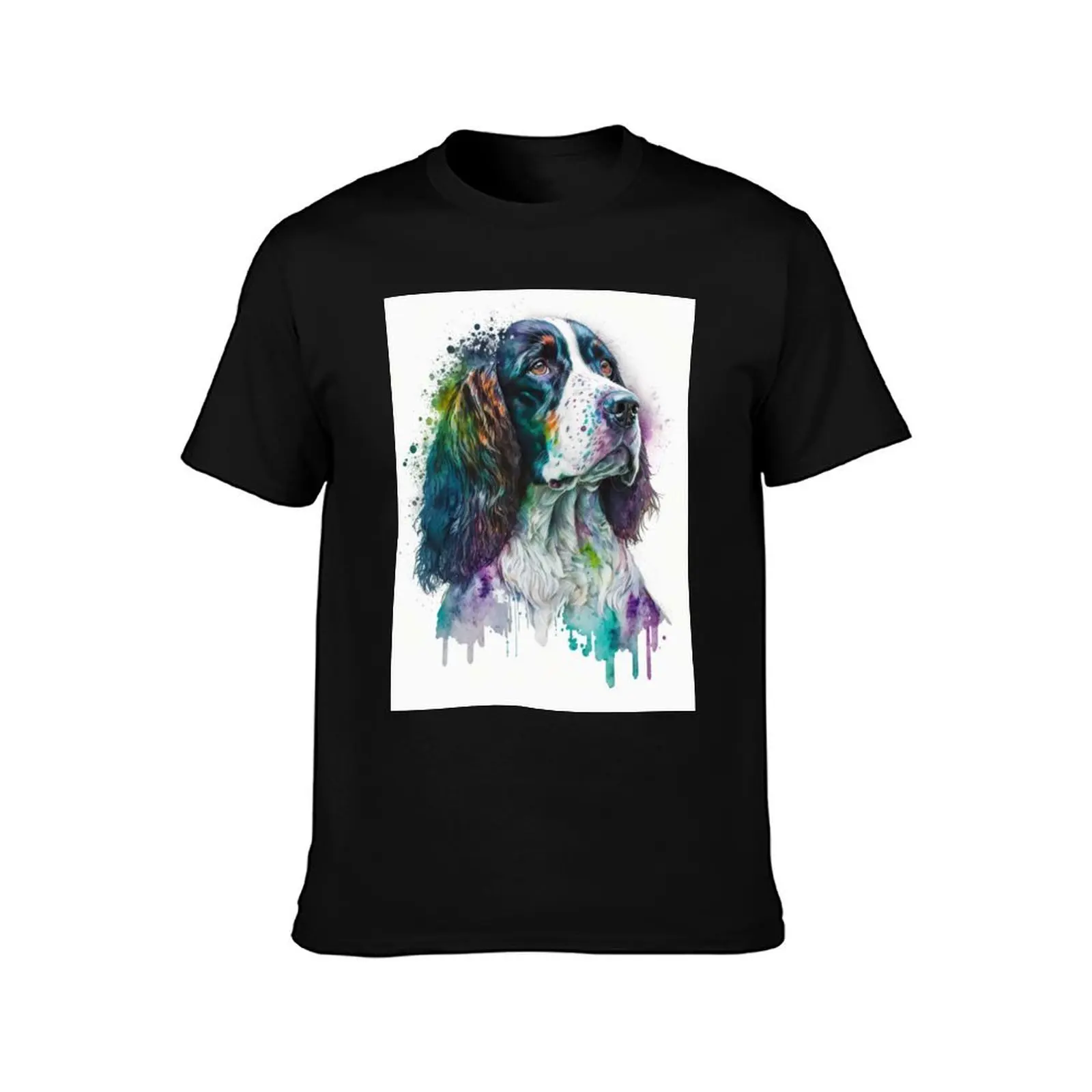 Original English Springer Spaniel Watercolor Painting T-Shirt Plus Size Basic Cotton T-Shirt