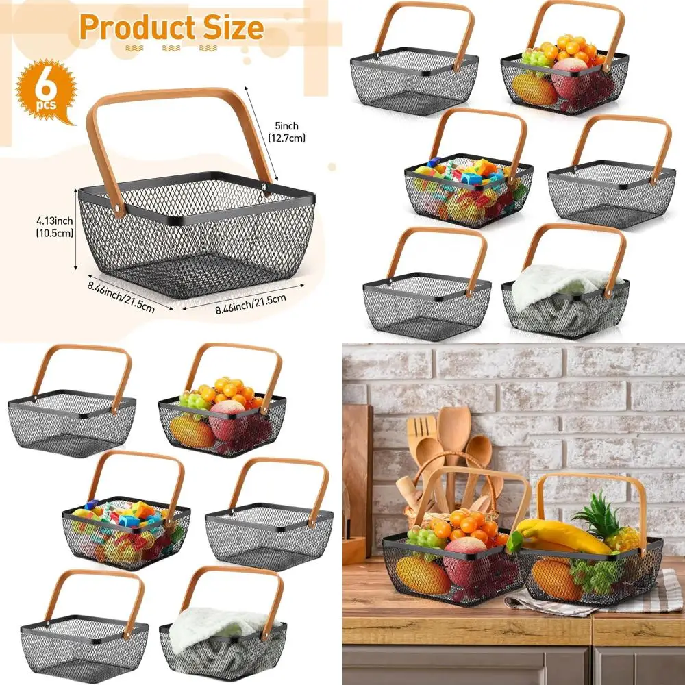 

Metal Mesh Baskets Set of 6, Small Square Wire Baskets with Handles, Ideal for Kitchen, Garden, Picnic and Bathroom Storage, Bla