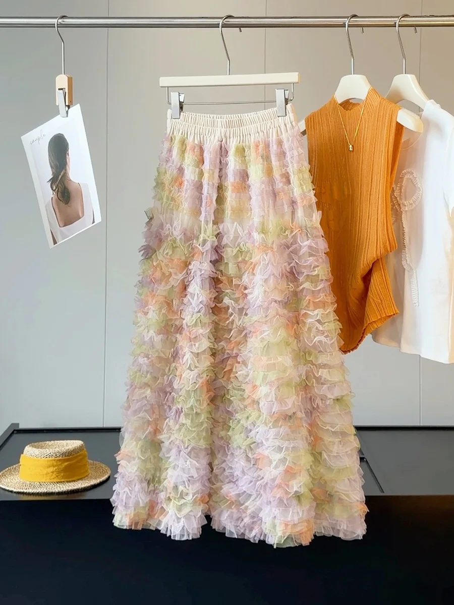 Harajuku Pastel Rainbow Tiered Tulle Maxi Skirt High-waisted Fluffy Layered A-line Skirt For Women Fairycore Cottagecore Garden