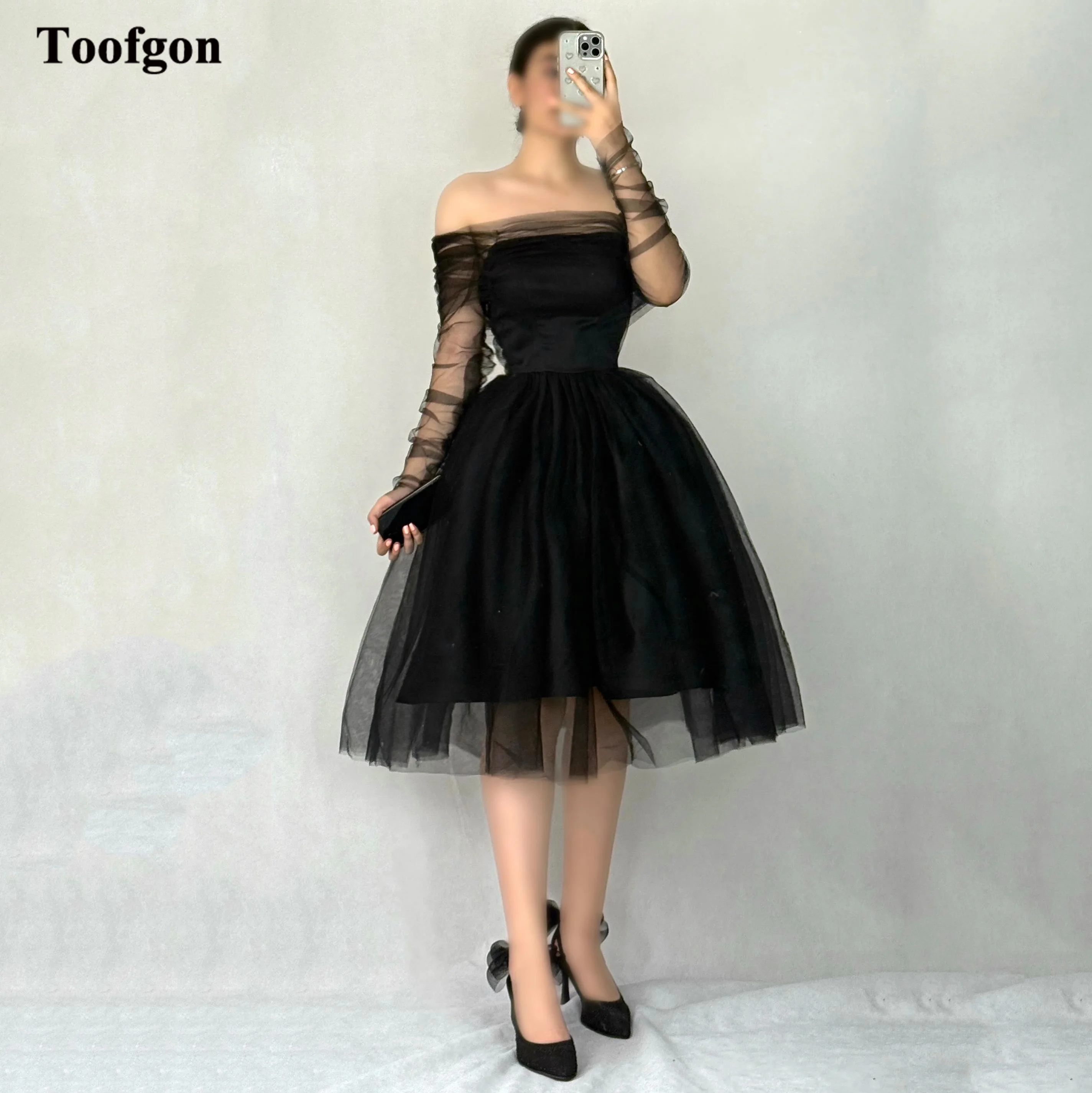

Toofgon Customized Simple Women's Short Prom Dresses A Line Tulle Corset Back Long Sleeves Formal Party Homecoming Gowns 2026