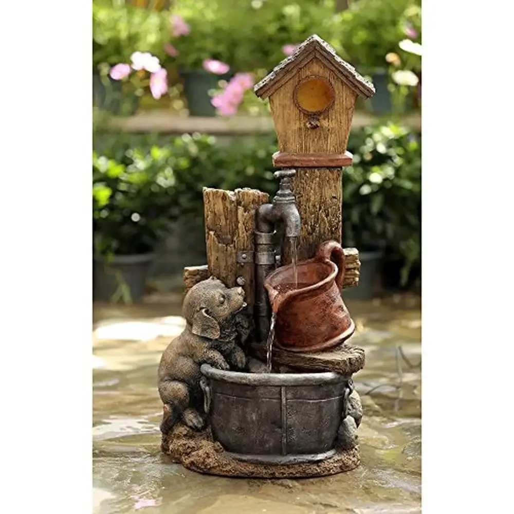 Indoor Outdoor Fountain with Pump and Weatherproof Durability Birdhouse and Dog Durable Polyresin Fiberglass Construction 6.2-ft