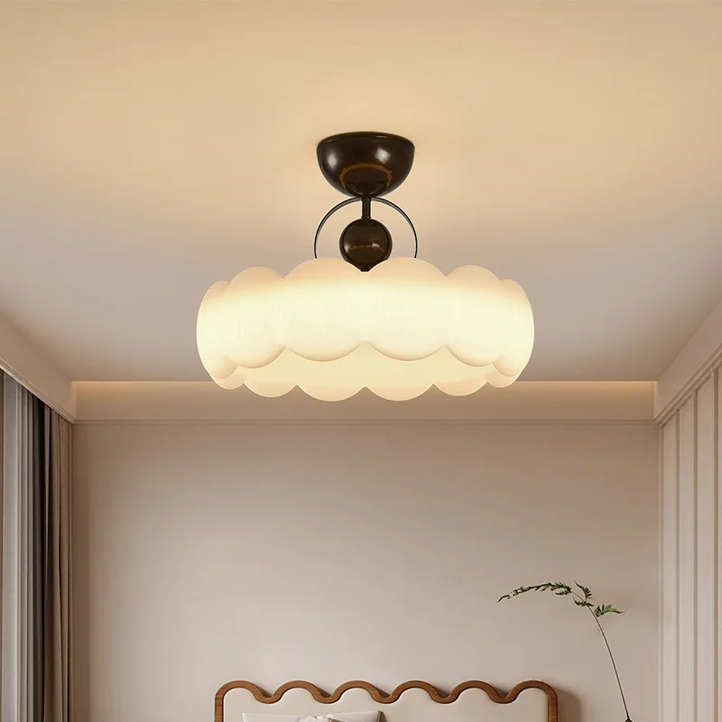 

French Colonial Cream Ceiling Light - Mid-Century Cloud-Form Flush Mount for Bedroom & Study, Eye-Care Princess Room Lighting